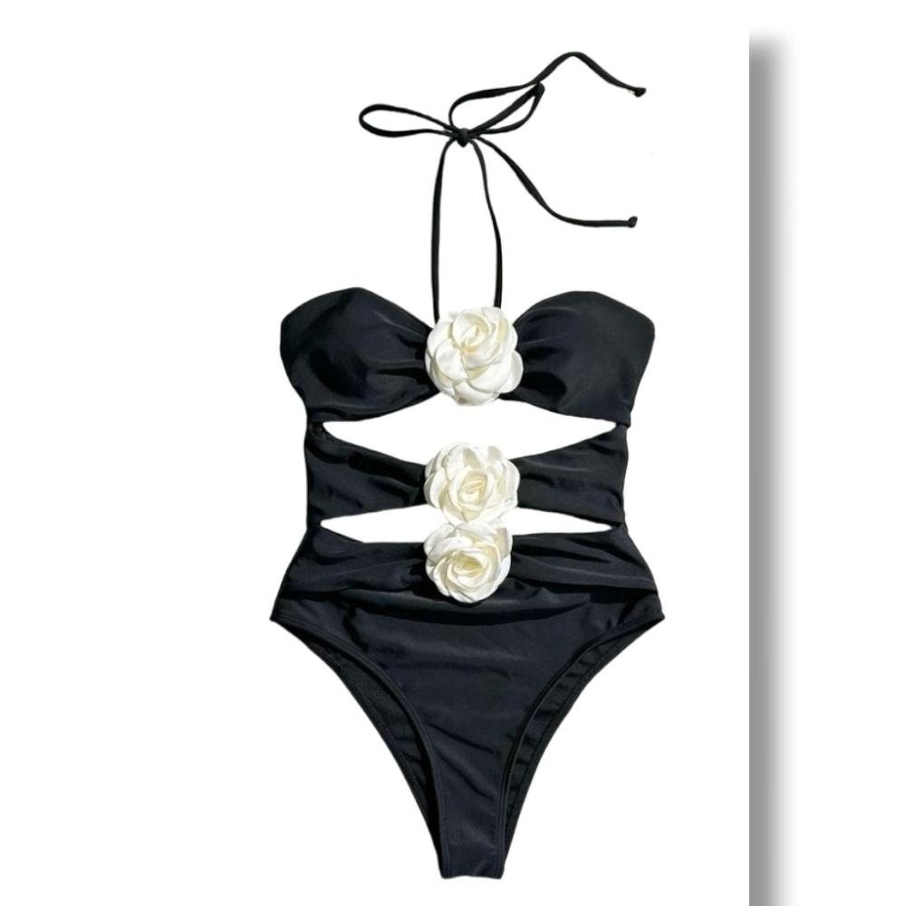BYINDED - Xl Black Halter One-Piece Swimsuit with Floral Accents - Picture 4 of 11